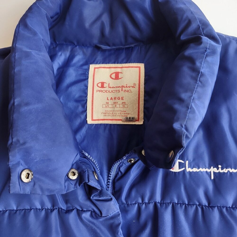 Champion Blue Script Crop Puffer Jacket Sporty Outdoor Streetwear Women's Large - Picture 9 of 11